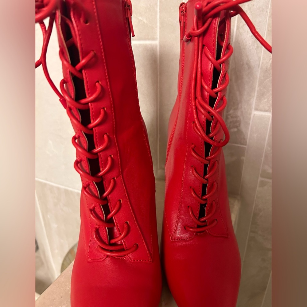 Aldo Red Lace-Up Ankle Boots - Picture 6 of 9